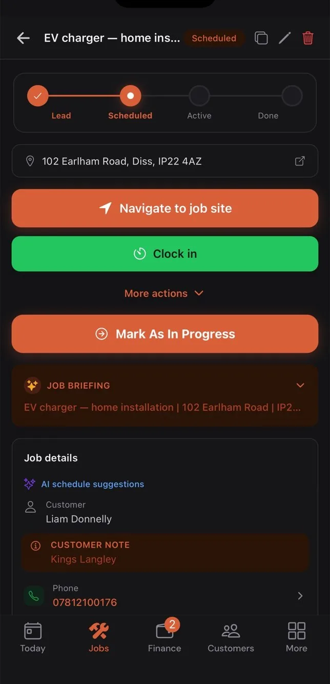 A job open in the Gaffer mobile app with clock-in, photos and the certificate to complete